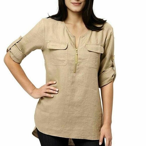 NWT Ellen Tracy Linen Roll Tab Tan Tunic Sz M - Picture 1 of 11